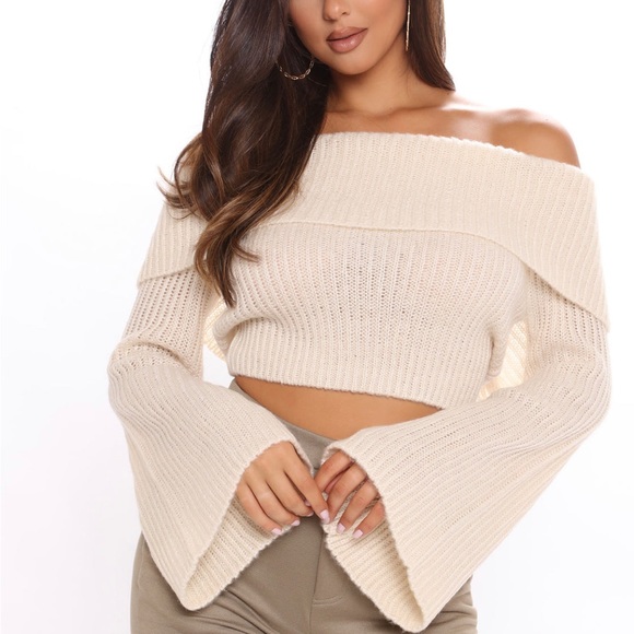 Fashion Nova Sweaters - Fashion Nova Let’s Fly Away Off Shoulder Sweater Crop Top Cream